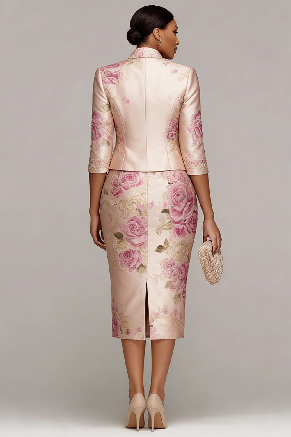 Mother Of The Bride Pink Floral Half Sleeve Bodycon Satin Two Piece Dress Set
