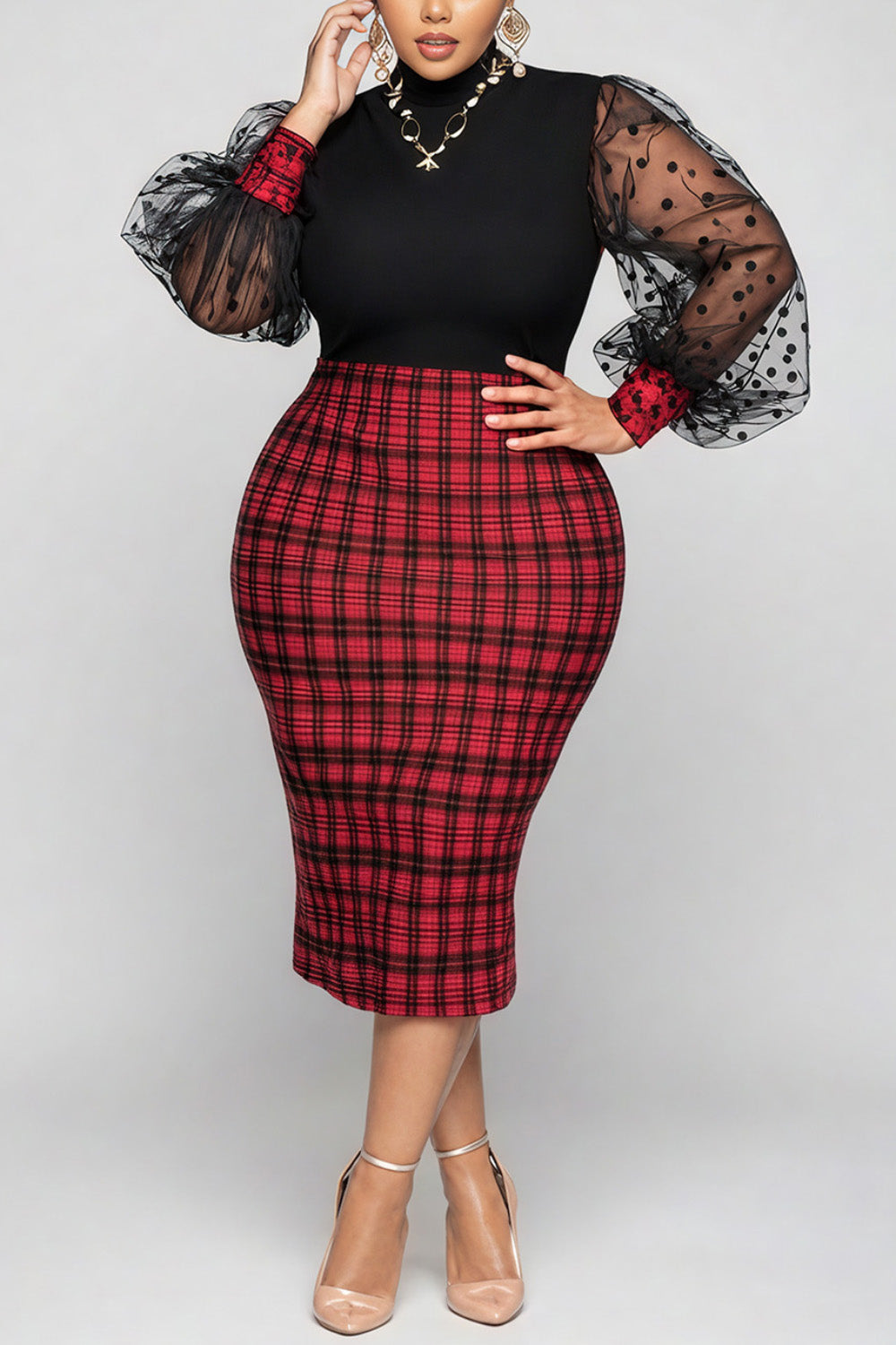 Christmas Black Plaid Round Neck Puff Sleeve Long Sleeve See Through Vintage Contrast Midi Dresses
