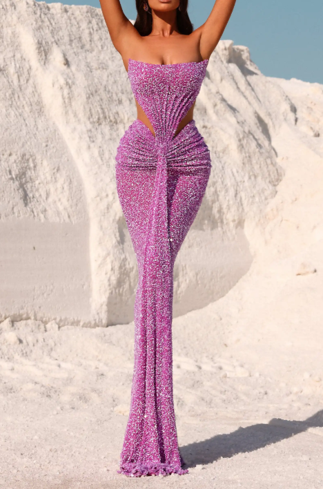 Fuchsia Sequin Strapless Cutout Mermaid Maxi Dress