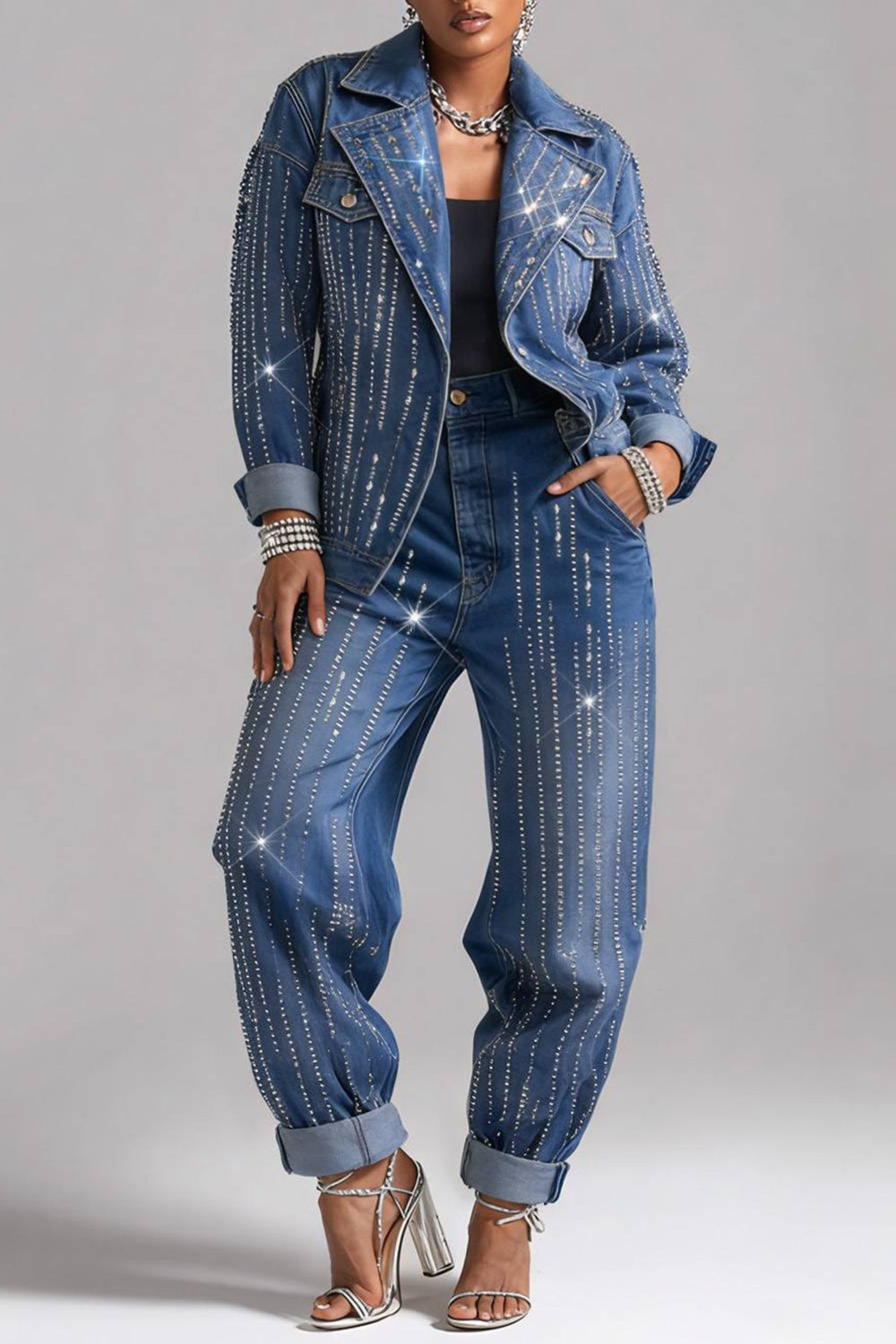 Xpluswear Design Plus Size Party Blue Turndown Collar Long Sleeve Drilling Elegant Pocket Denim Two Piece Pant Sets