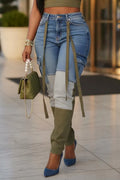 Women Color Block Patchwork Ribbon Strap High Waist Skinny Cargo Pants