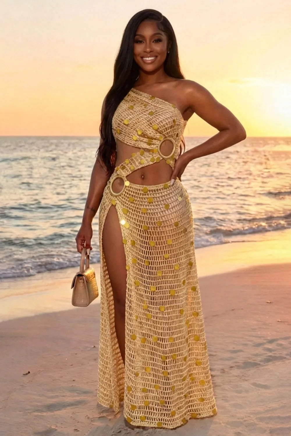 One Shoulder Cut Out Sequin Crochet Vacation Maxi Dresses-Brown