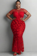 Valentines Red Graphic Round Neck Short Sleeve See Through Mermaid Tulle Maxi Dresses