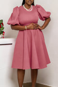 Round Neck Balloon Sleeve Solid Color Cinch Waist Formal Midi Dresses-Pink