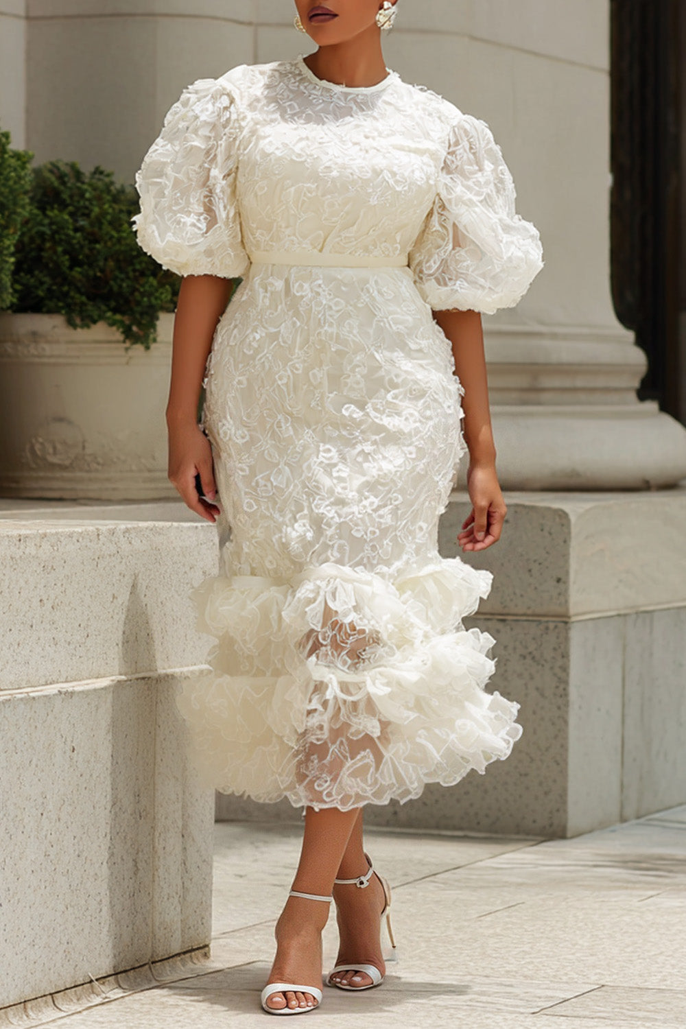 Cocktail Party White Round Neck Puff Sleeve Short Sleeve Ruffle Bodycon Lace Midi Dresses