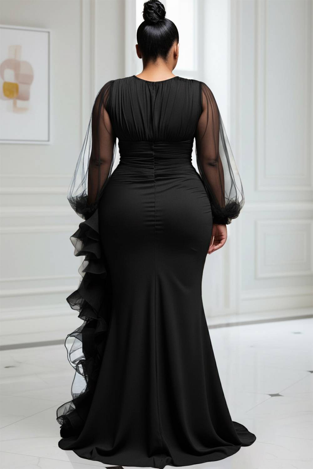Red Round Neck Lantern Sleeve Long Sleeve Ruffle Elegant See Through Tulle Satin Maxi Dresses