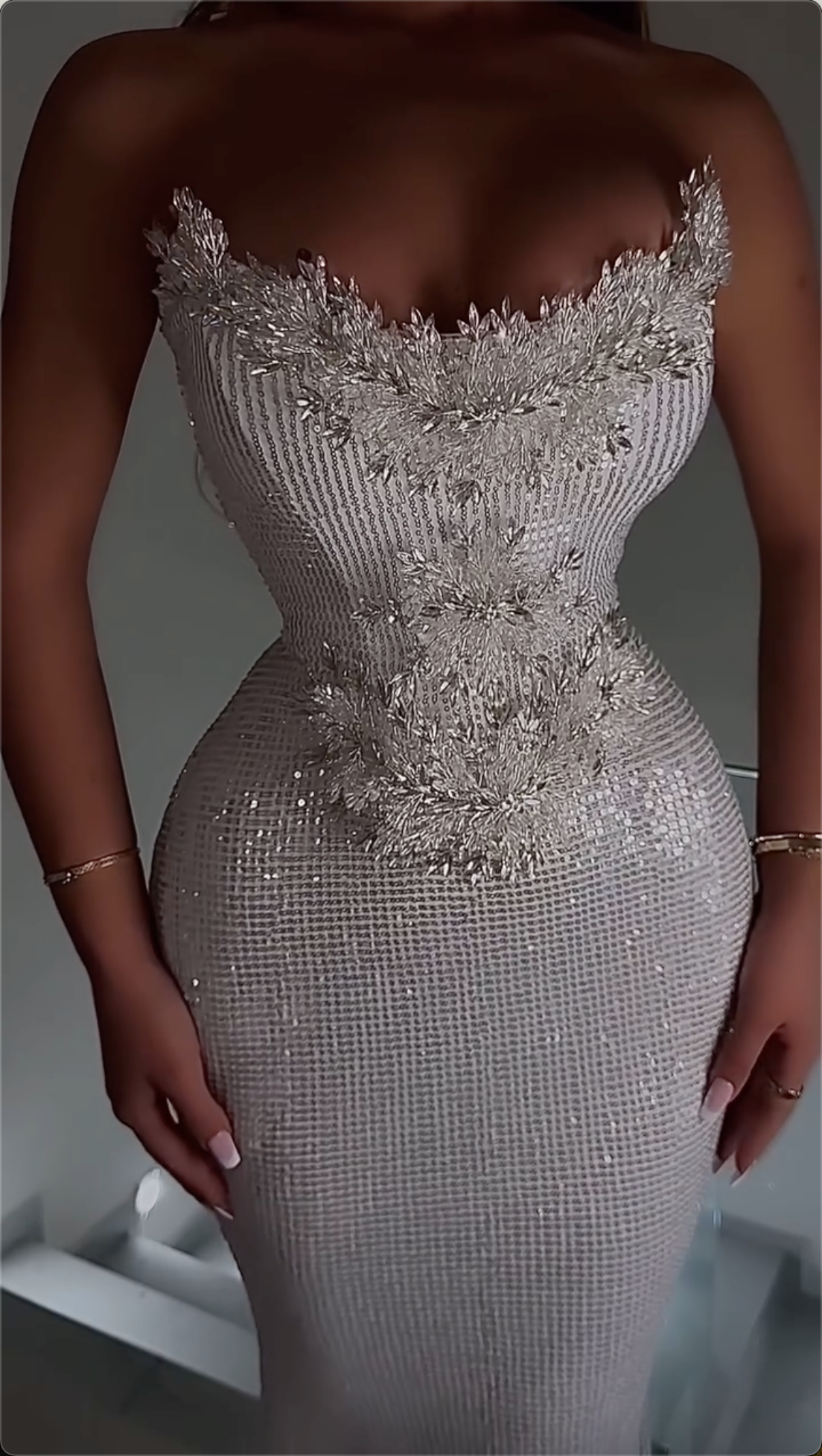 Opulent Silver Strapless Sequin Mermaid Maxi Dress with Intricate Crystal Floral Appliques