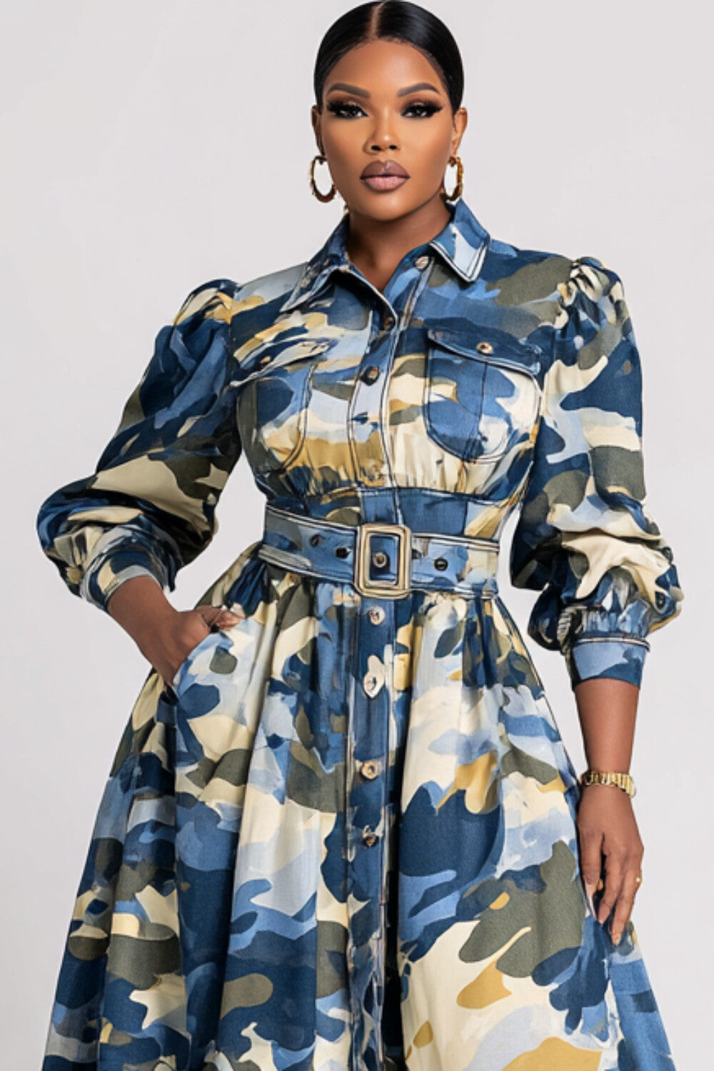 Daily Light Blue Camo Shirt Collar Puff Sleeve Long Sleeve Pocket Casual Midi Dresses
