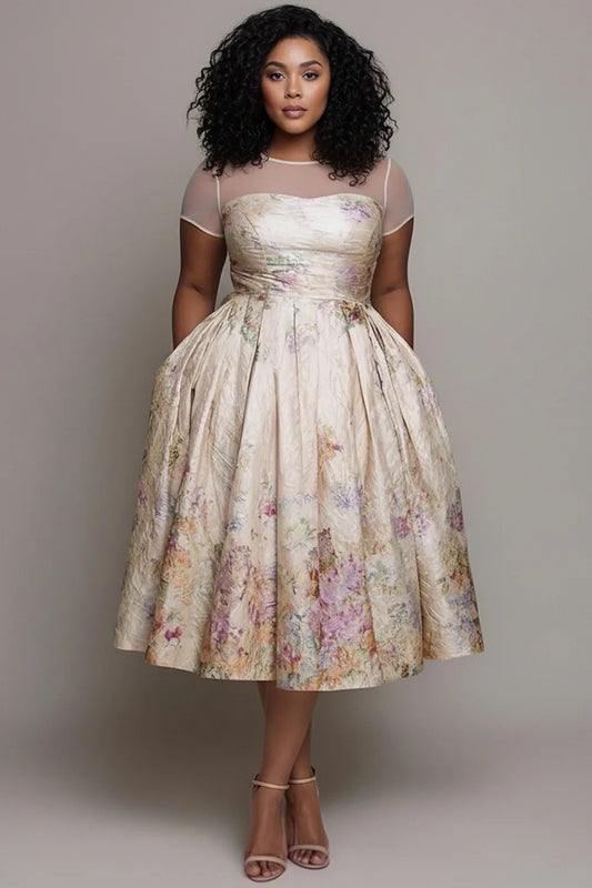 Wedding Guest Multicolor Floral Round Neck Cap Sleeve Short Sleeve Pocket Midi Dresses