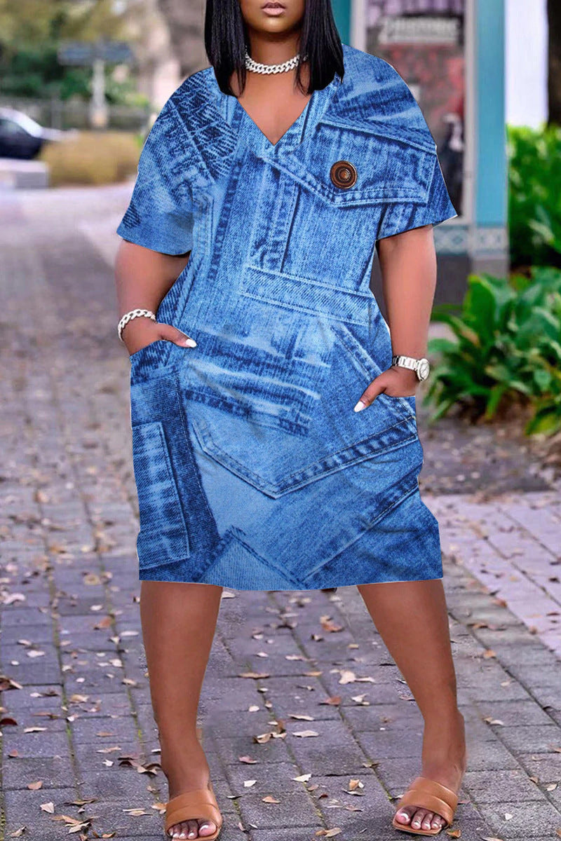 Xpluswear Plus Size Casual V Neck Short Sleeve Print Loose Midi Dress