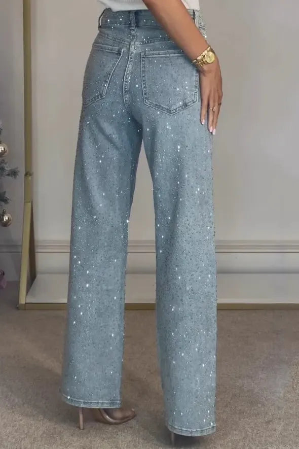 Fashion Sparkling Full Rhinestone Washed Jeans