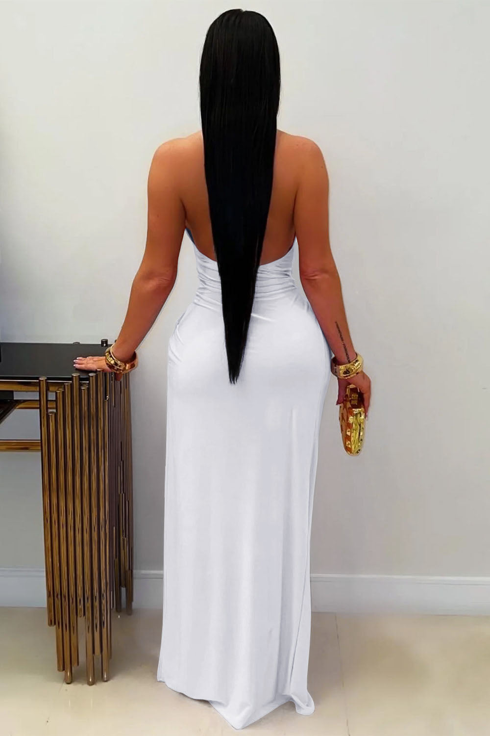 Deep V Halter Neck Waist Ruched Side High Slit Vacation Maxi Dresses-Black