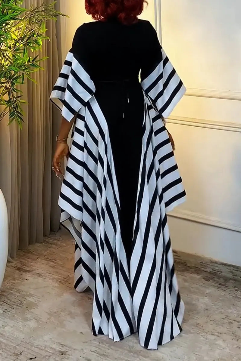 Women Round Neck Patchwork Striped Elegant Casual Maxi Dresses