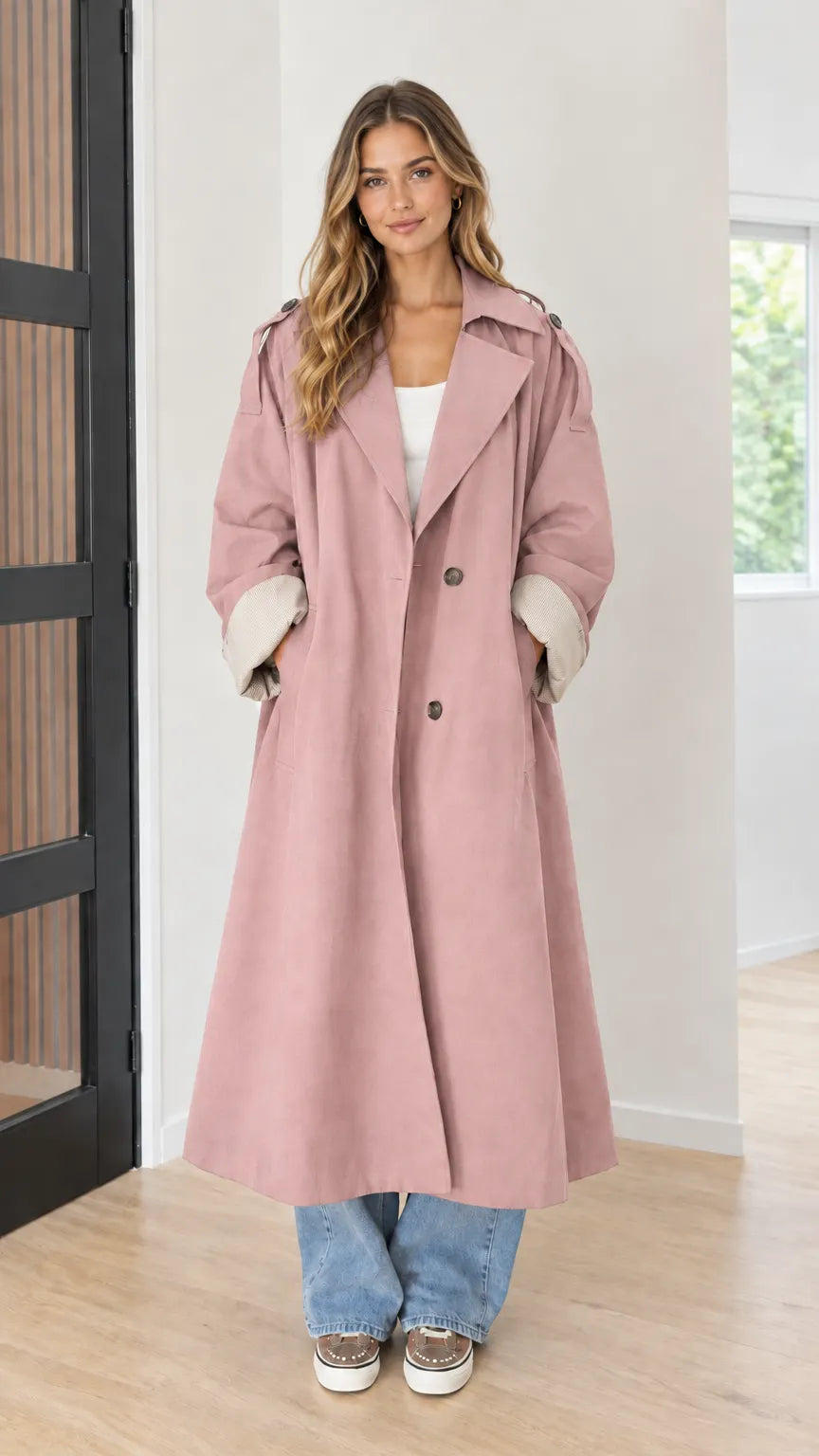 Women's Oversized Maxi Trench Coat with Contrast Ribbed Cuffs