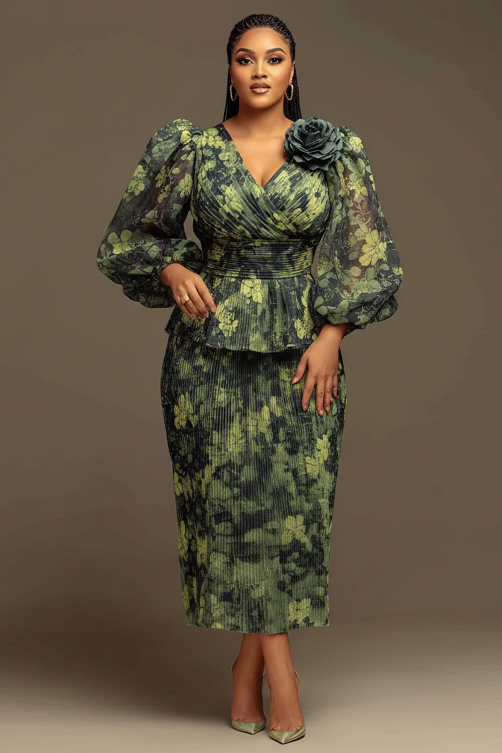 Green Floral Wrap Neck Lantern Sleeve 3/4 Sleeve 3D Pleated Chiffon Two Piece Skirt Sets