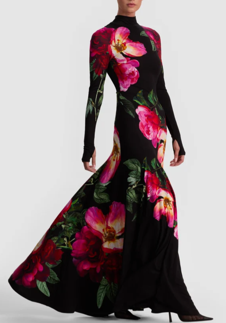 Black Floral Print Turtleneck Long Sleeve Maxi Dress with Mermaid Hem