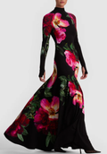 Black Floral Print Turtleneck Long Sleeve Maxi Dress with Mermaid Hem