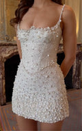 White Square Neck 3D Floral & Sequin Mini Dress - Spaghetti Strap Formal Cocktail Gown