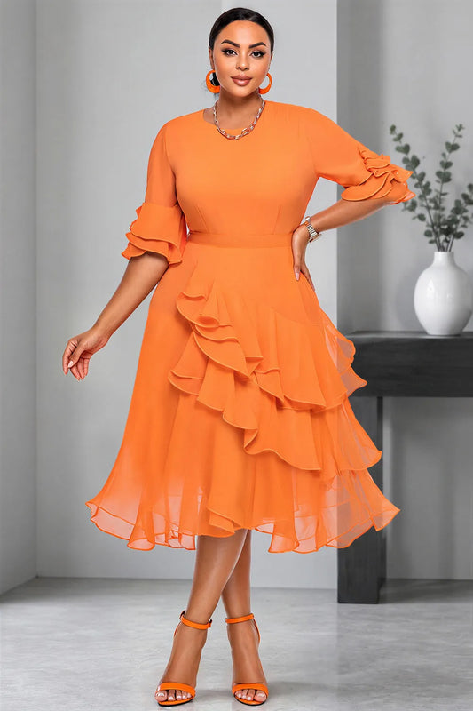 Business Casual Elegant Orange Round Neck Half Sleeve Ruffle Tiered Chiffon Midi Dresses [Pre-Order]