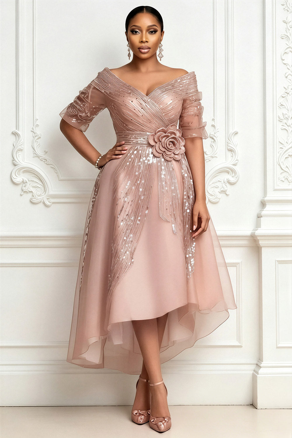Wedding Guest Pink Wrap Neck Half Sleeve Asymmetric Hem Midi Dresses