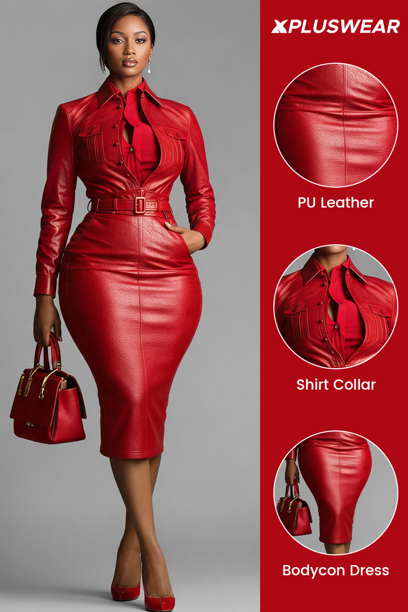 Business Casual Red Shirt Collar Long Sleeve Bodycon Elegant PU Leather Midi Dresses