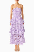 Strapless 3D Floral Tiered Midi Dress