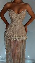 Champagne Strapless Midi Evening Gown - Crystal & Rose Embellished Fringe Formal Dress
