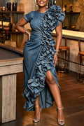 Women's Elegant Party Flounce Trim Denim Dress