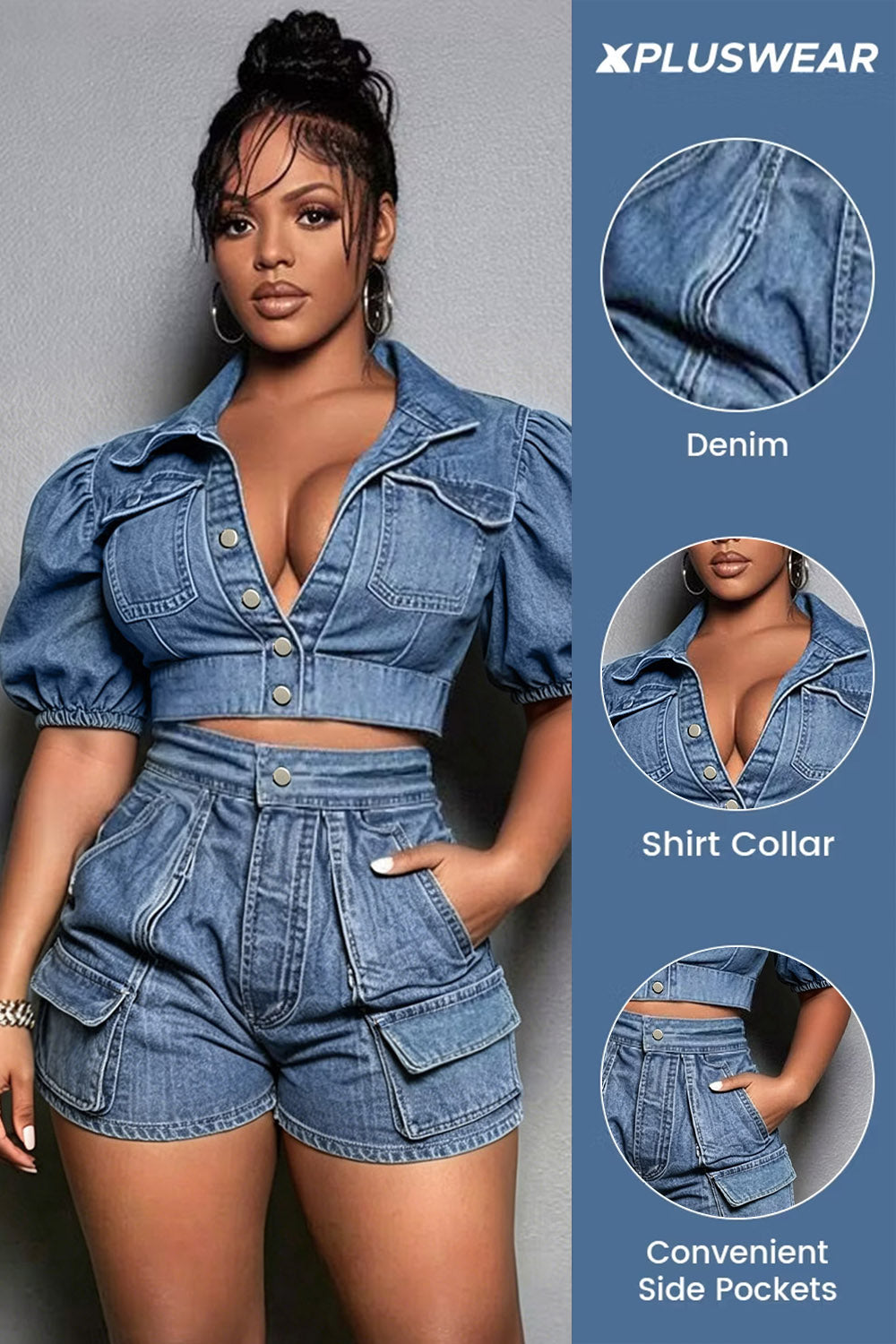 Xpluswear Design Plus Size Party Light Blue Shirt Collar Short Sleeve Pocket Crop Denim Two Piece Short Sets