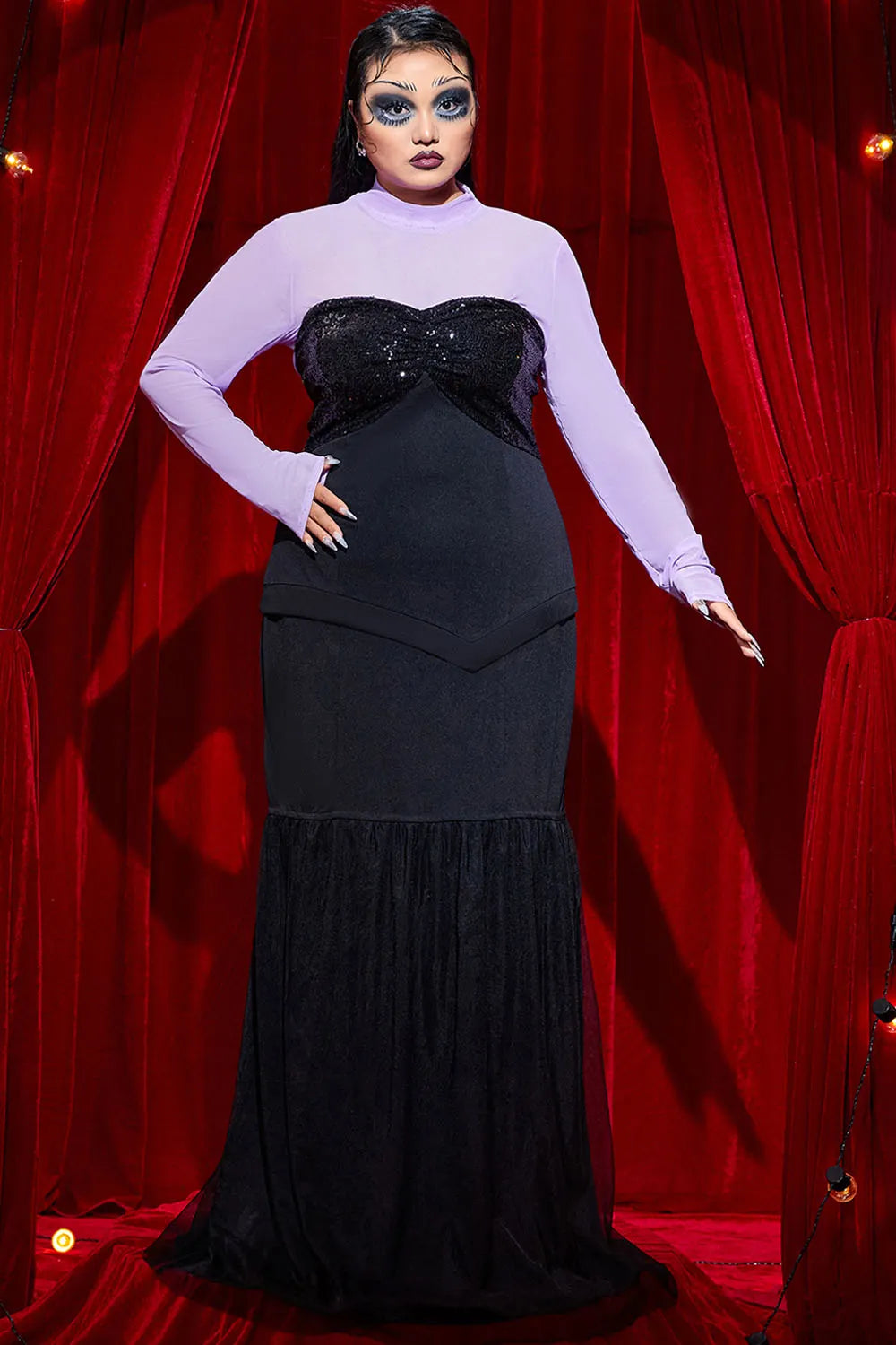 Halloween Costume Black Cosplay Mesh Long Sleeve Sequin Knitted Maxi Dress(Ships in US)