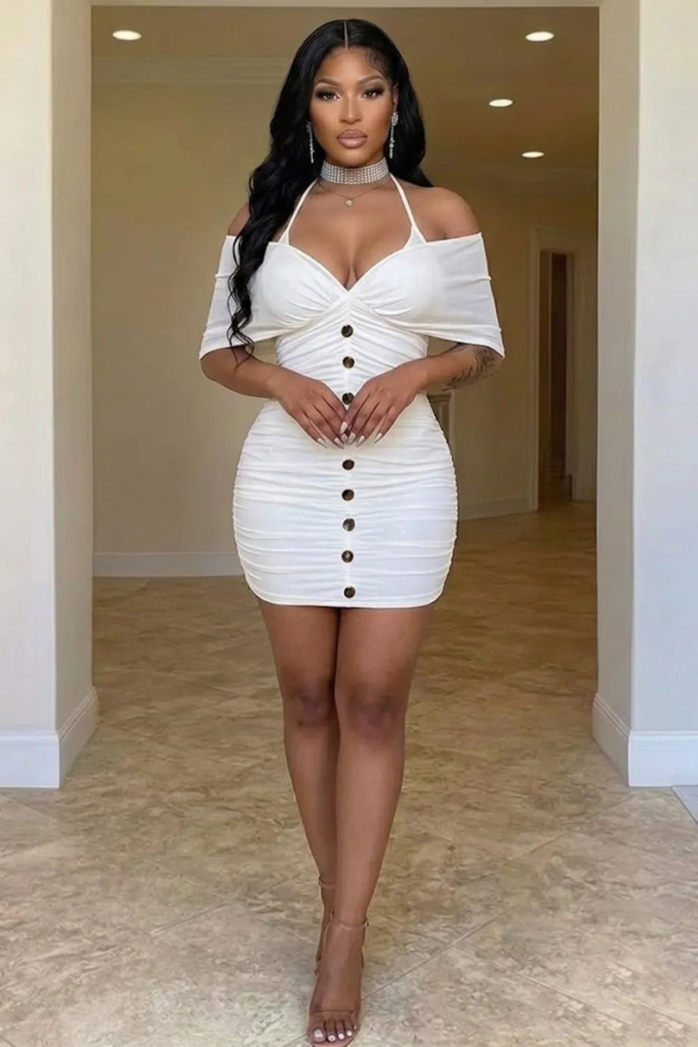 Halter Off Shoulder Batwing Sleeve Mesh Ruched Gowns Maxi Dresses-Apricot