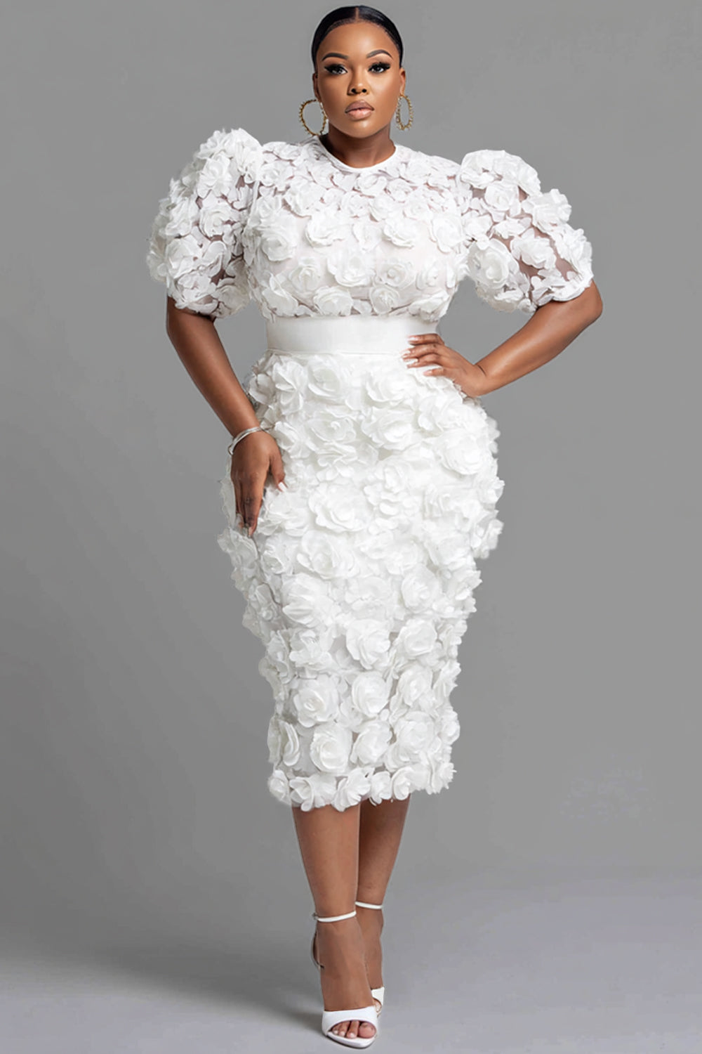 Cocktail Party White Round Neck Short Sleeve 3D Bodycon Two Piece Skirt Sets