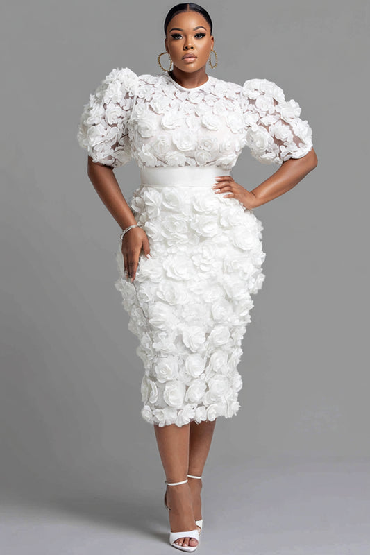 Cocktail Party White Round Neck Short Sleeve 3D Bodycon Two Piece Skirt Sets