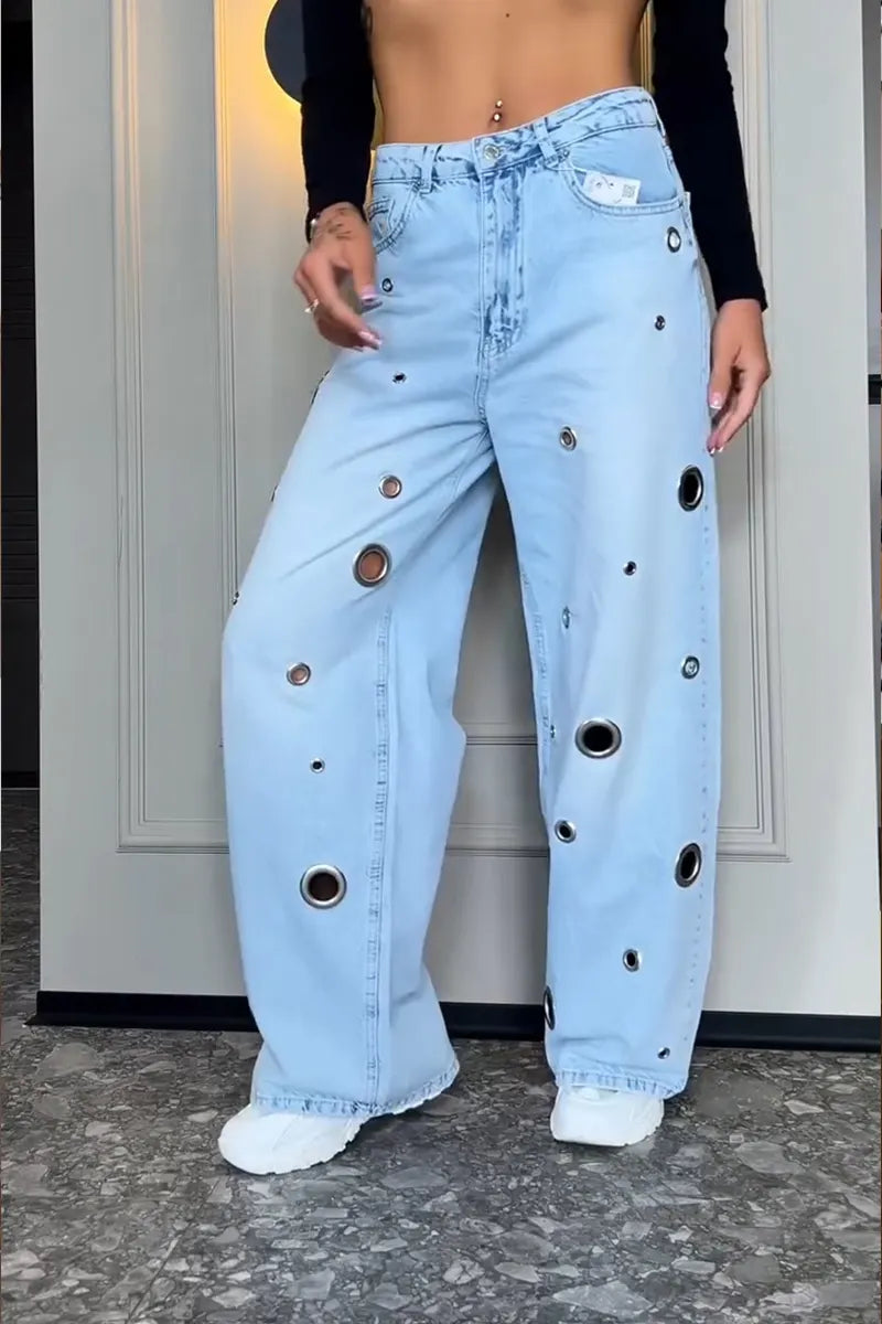 Women's Fashion Metal Hollow-Out Decoration Wide Leg Jeans