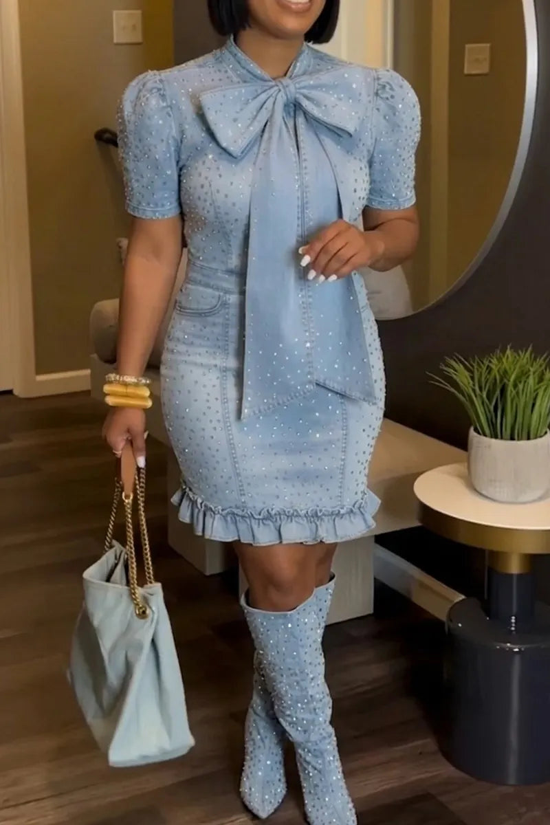 Women's Casual Rhinestone Bow Denim Dress