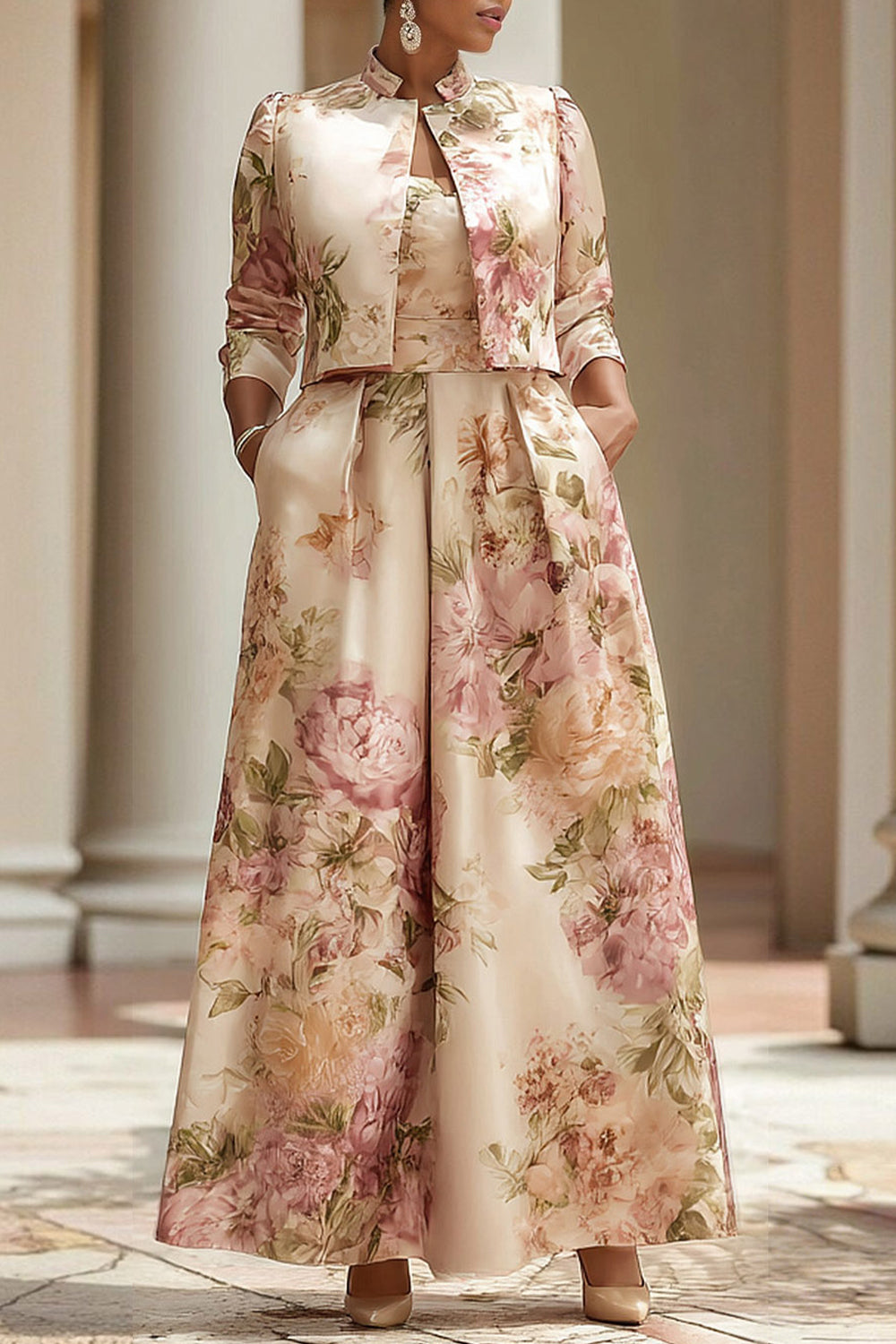 Champagne Floral 3/4 Sleeve Pocket Satin Two Piece Dress Set