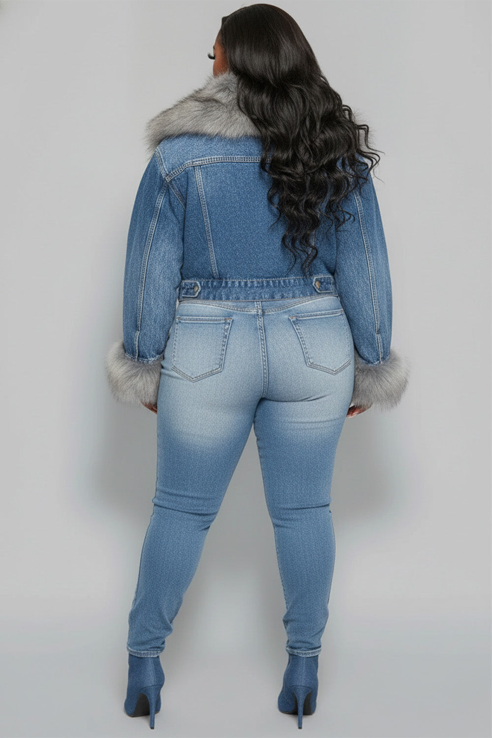 Xpluswear Design Plus Size Daily Blue Turndown Collar Long Sleeve Feather Elegant Contrast Denim Jacket