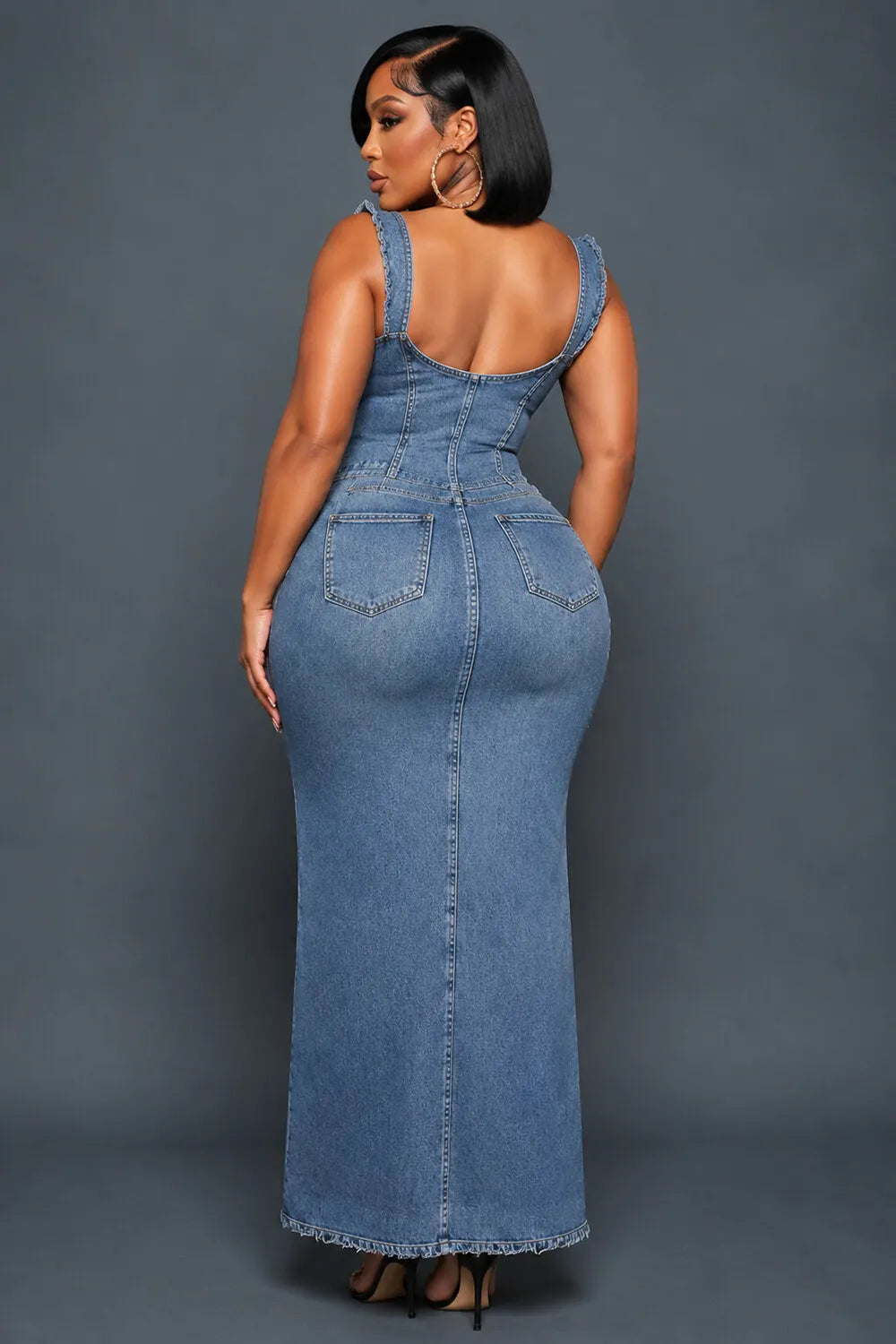 Wide Strap Sweetheart Neck Slit Vacation Denim Maxi Dresses-Blue [Pre Order]