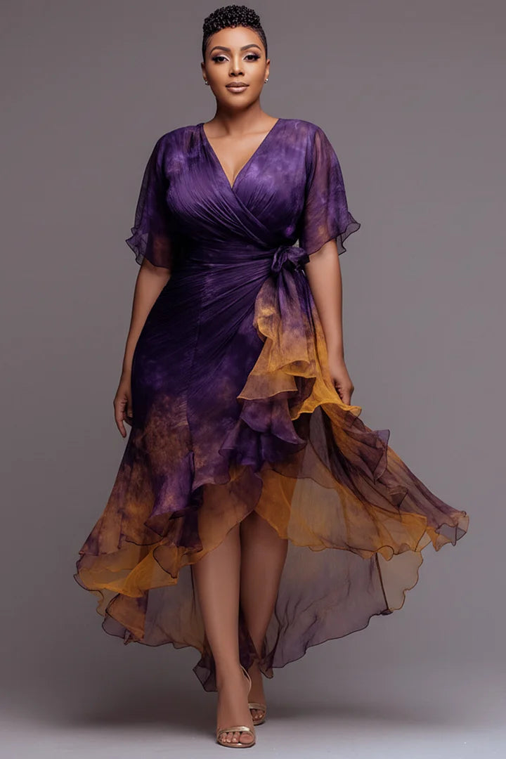 Cocktail Party Purple Gradient Wrap Neck Short Sleeve Ruffle Asymmetric Hem Chiffon Midi Dresses