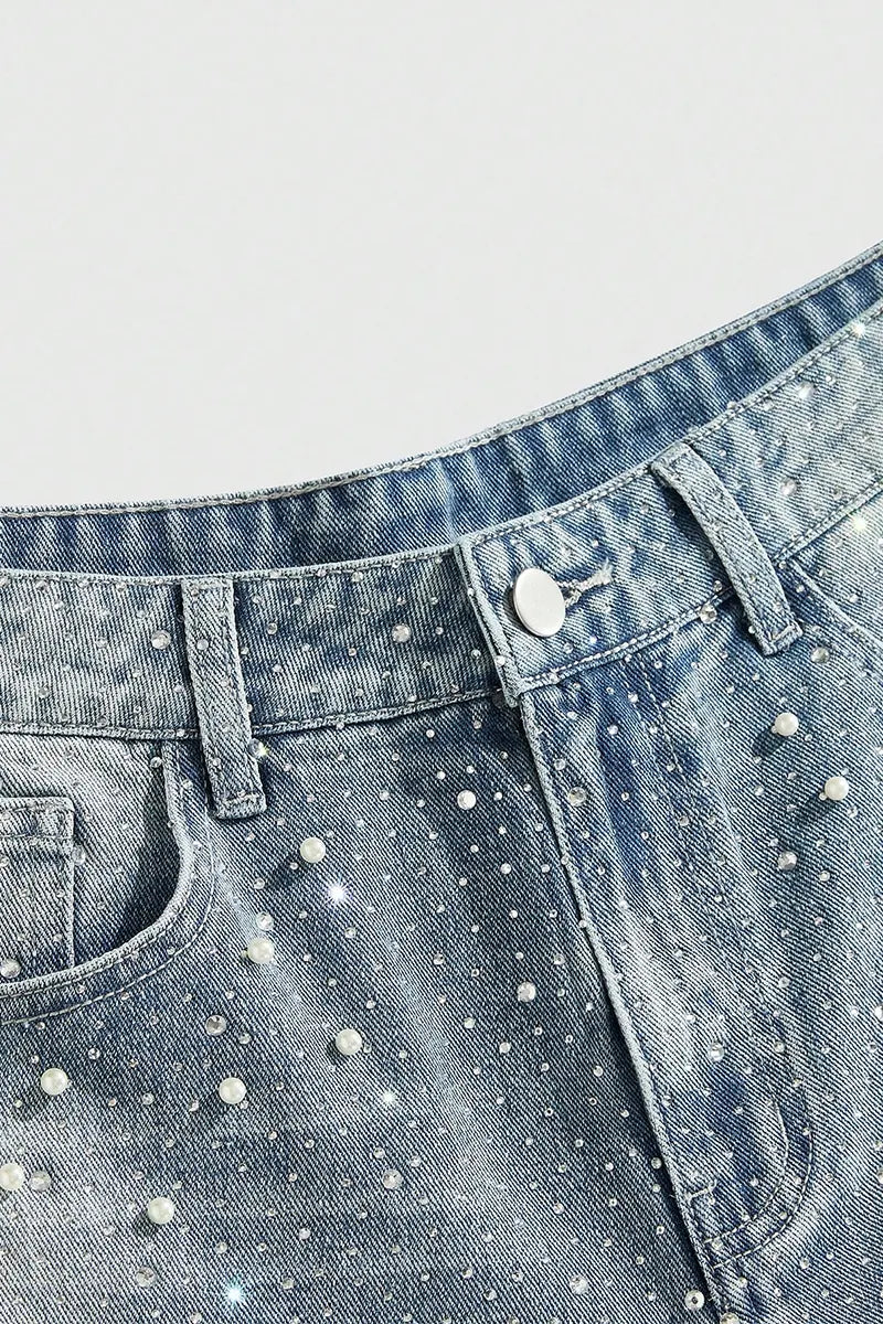MEN Street Life Spring/Summer Casual Men'S Pearl & Diamond Embellished Loose Denim Shorts