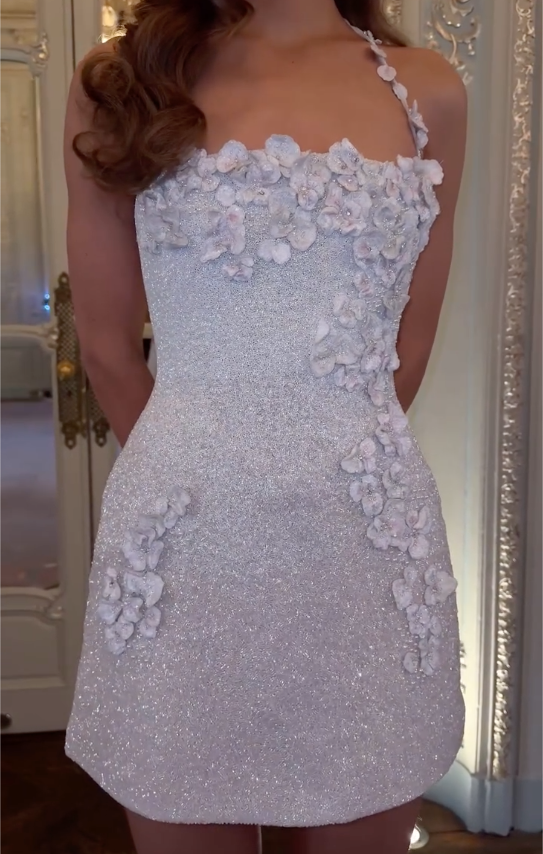 Silver Glitter Mini Dress with 3D Floral Appliqués & Halter Strap