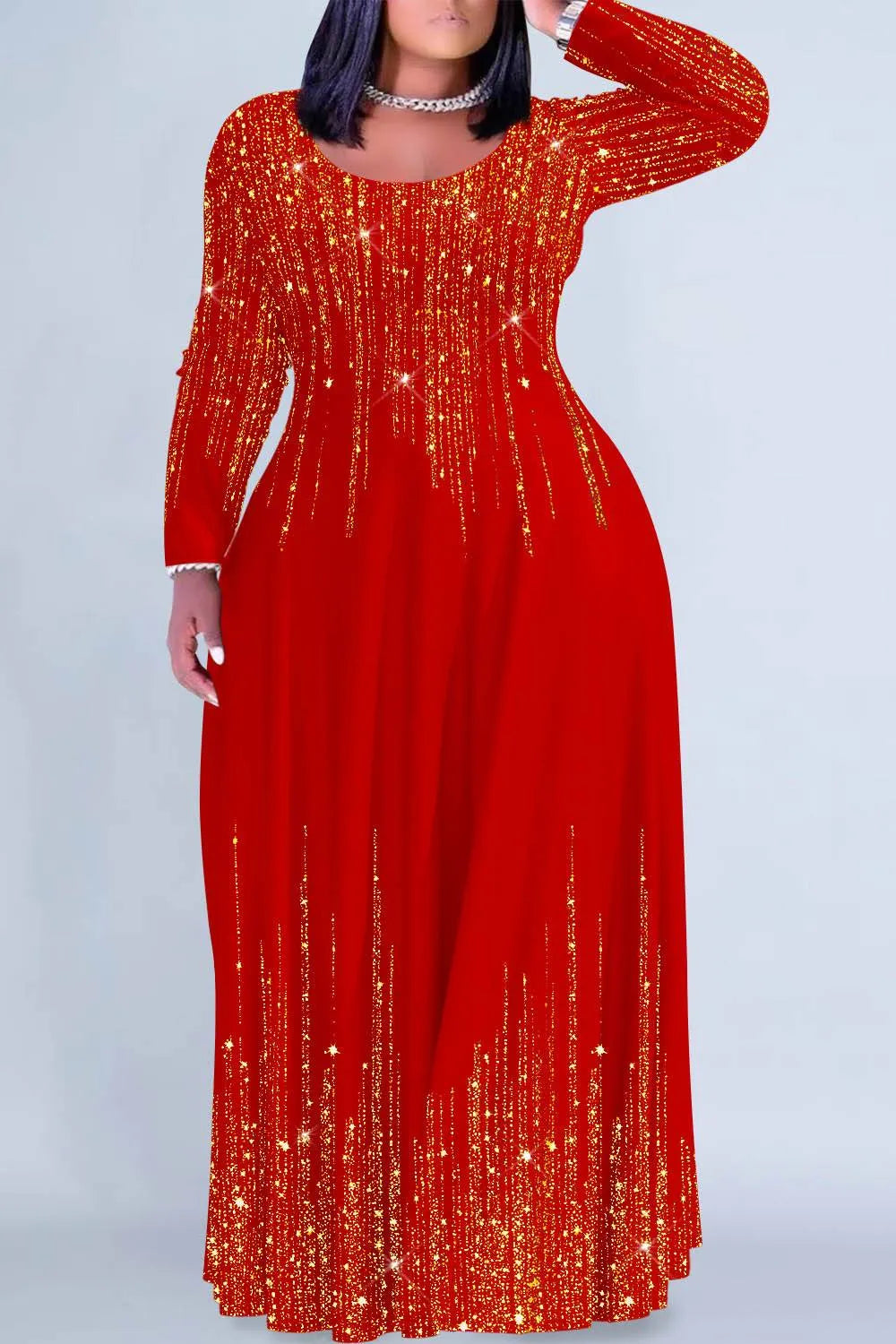 Christmas Black Gradient Round Neck Long Sleeve Maxi Dresses