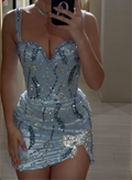 Light Blue Sweetheart Neck Evening Mini Dress - Beaded Floral Corset Party Gown