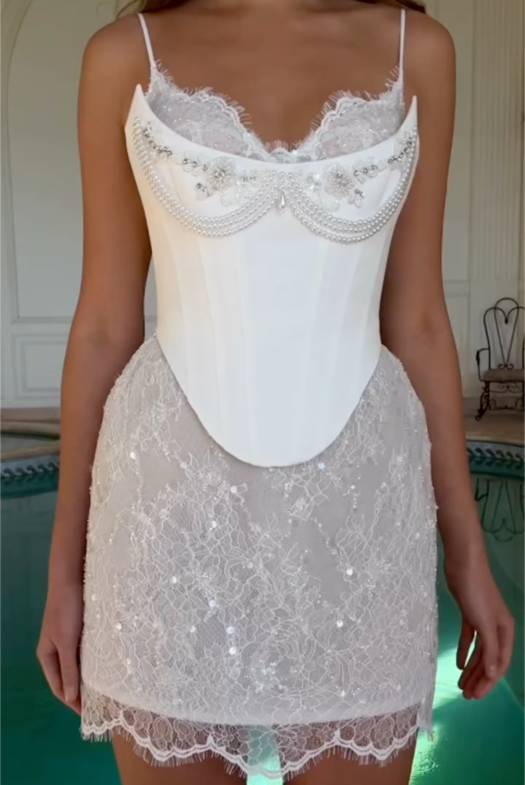 White Spaghetti Strap Corset Mini Dress with Pearl & Crystal Embellishments