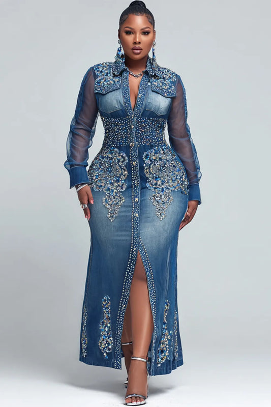 Party Blue All Over Print Shirt Collar Long Sleeve Button Casual See Through Maxi Dresses