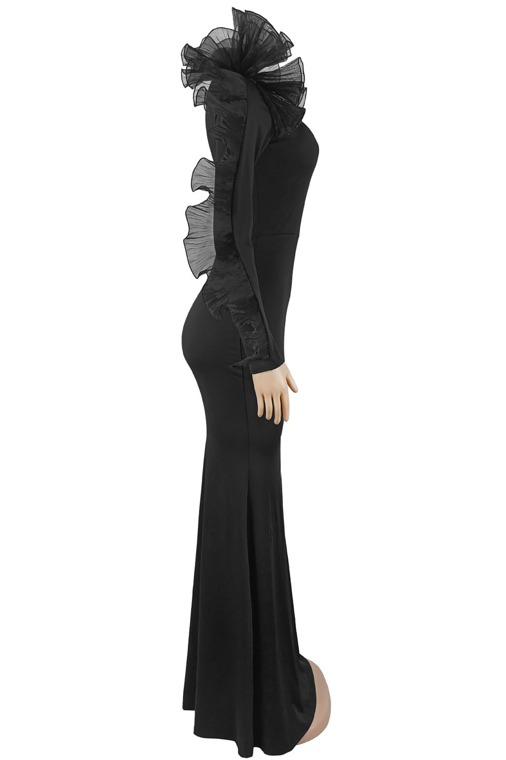 One Shoulder Ruffled Long Sleeve Mermaid Evening Gowns Maxi Dresses-Black