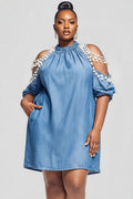Xpluswear Design Plus Size Party Light Blue Round Neck Cold Shoulder Short Sleeve Pocket Pearls Tencel Denim Mini Dresses
