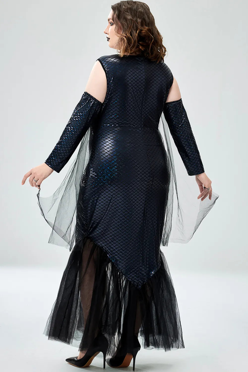 Halloween Costume Black Gothic Mermaid Glitter Maxi Dress(Ships 24h)
