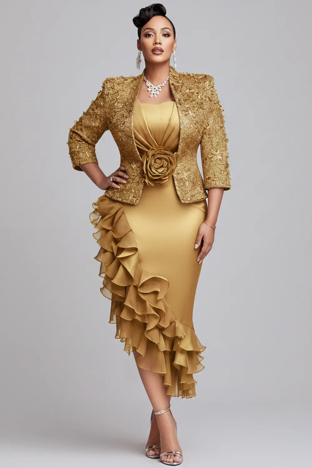 Churchs Gold 3/4 Sleeve Ruffle Elegant 3D Two Piece Dress Set