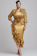 Churchs Gold 3/4 Sleeve Ruffle Elegant 3D Two Piece Dress Set